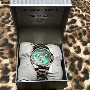 Geoffrey Beene Silver-Tone Watch with Green Sunray Dial
